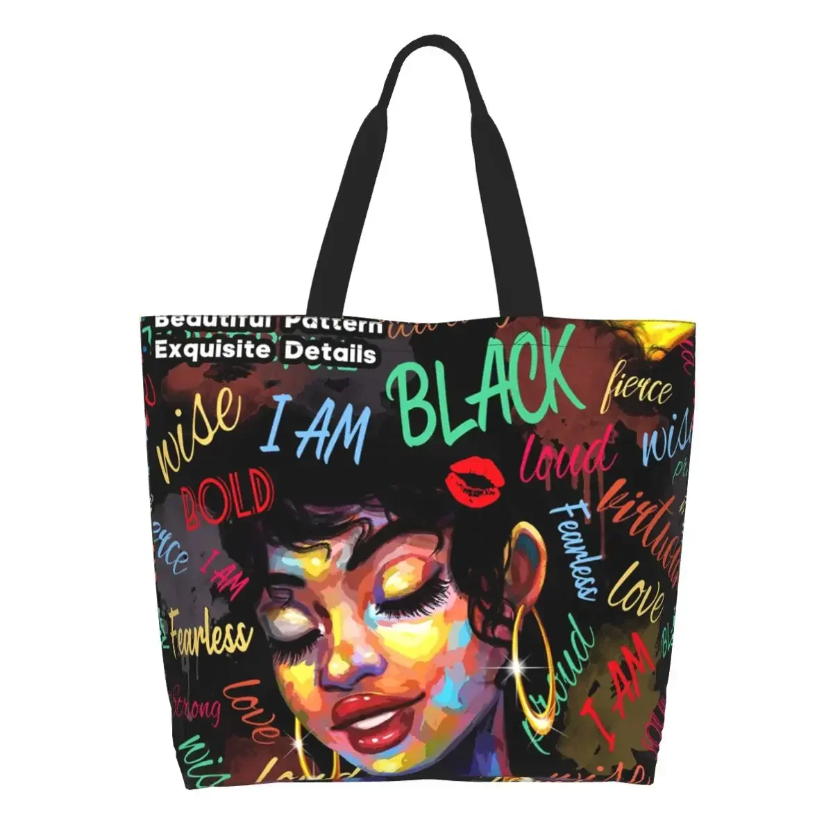 African Girl Black Women Grocery Shopping Bag Cute Printing Canvas Shopper Shoulder Tote Bag Big Capacity Portable Handbag