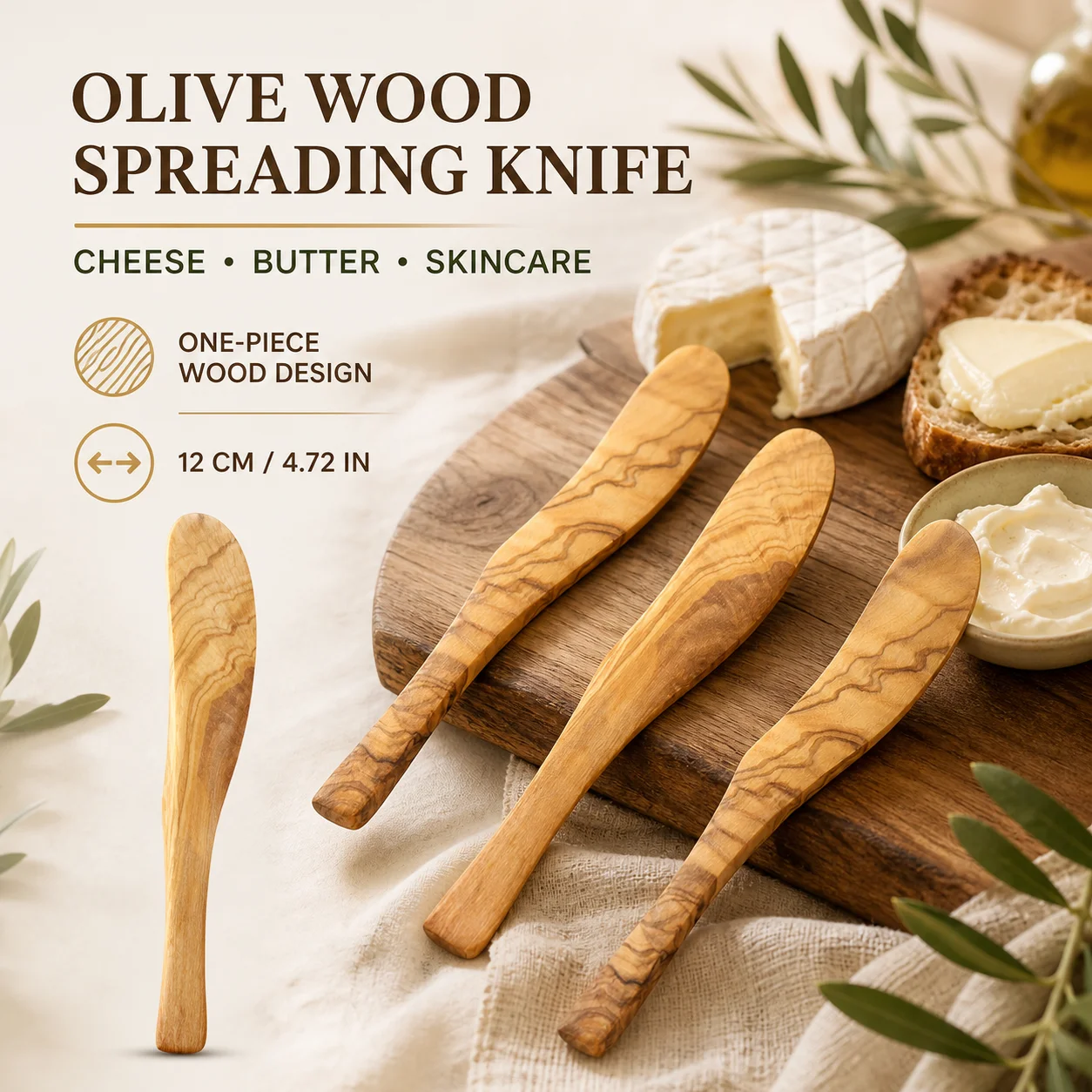 Italian Olive Wood Cheese Knife 12x2.5cm Wooden Butter Knife Cream Spreader for Bread Jam Facial Mask Spatula Kitchen Utensils