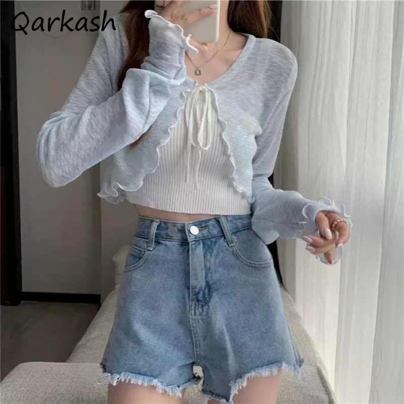 Crop Cardigan Knitted Solid Drawstring V-neck Summer OL Sweet Edible Tree Fungus Sun-proof Long Sleeve Tops Korean Trendy Casual