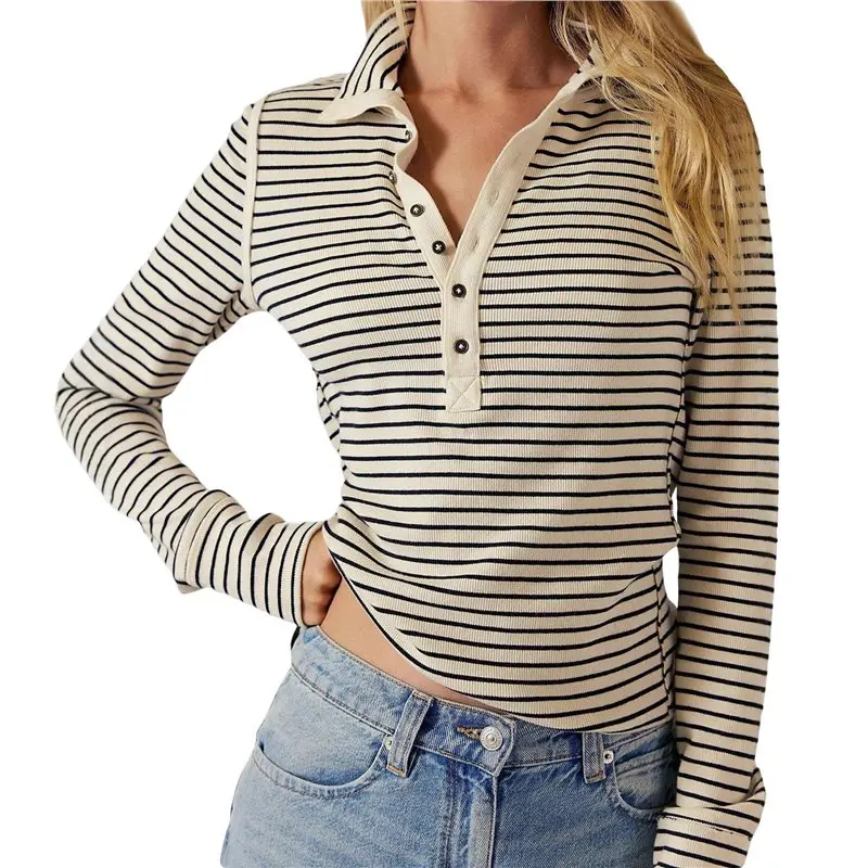 

Женские полосатые рубашки-хенли AEB0 с длинным рукавом в рубчик, облегающие топы для выхода в свет, базовые футболки для осенней моды
