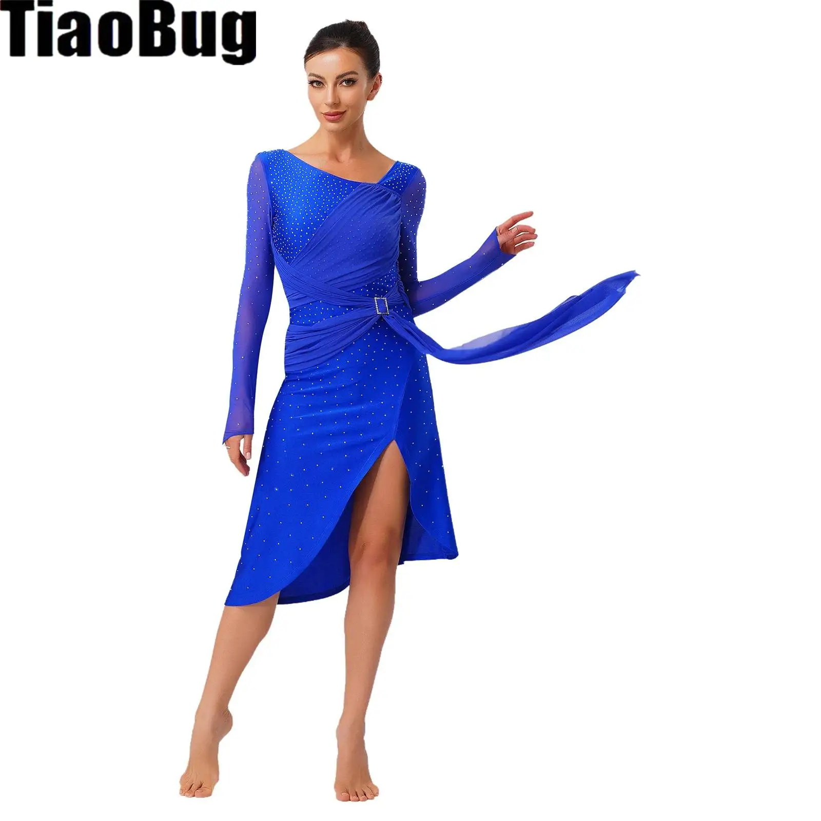 

Women Modern Lyrical Dance Dress V-neck Long See-through Sleeves Rhinestone Split Rhythm Ballet Latin Waltz Skating Dance Costum