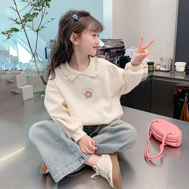 

Girls' Simple Flower Wave Turtleneck Sweater Spring New Year Korean Style Children's Long Sleeved Clothes Casual Top