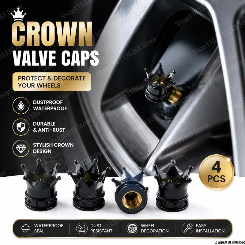 Crown Shape Tire Valve Caps 4PCS, Stylish Dustproof Waterproof Universal Car Wheel Air Stem Covers for All Vehicles