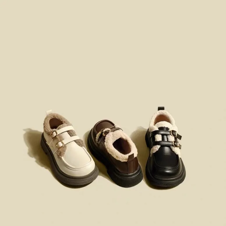 

Винтажные женские туфли Мэри Джейн из искусственного меха | Осень-зима, лоферы на массивном каблуке с двойной пряжкой | Милая и элегантная повседневная обувь