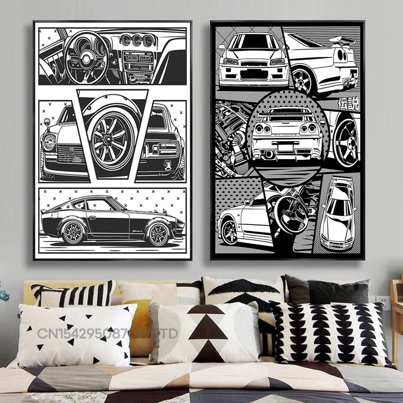 Classic Sports JDM Car Racing Car Poster Prints Black White Decorative Paintings Canvas Wall Art Pictures Home Living Room Decor