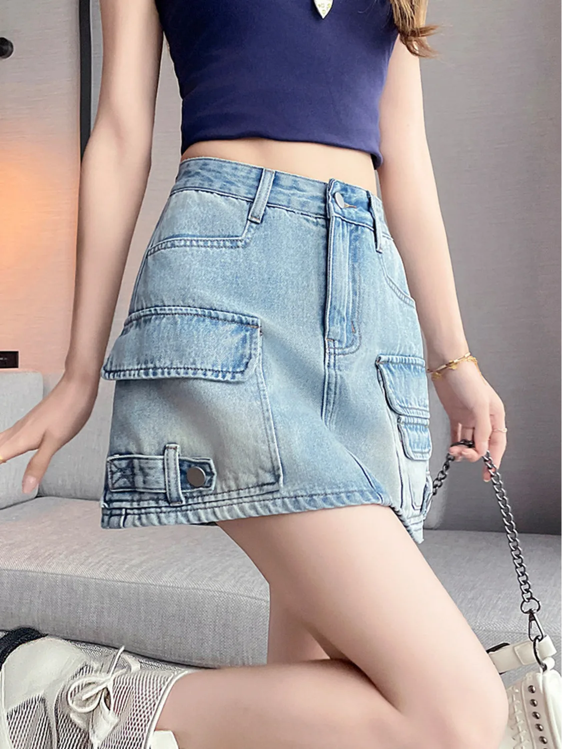 Women High Waist Cargo Denim Mini Skirt A-Line Multi Pocket Jean Skirt Button Fly Cotton Casual Summer Streetwear Y2K Vintage