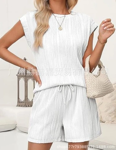 Sexy Elegant Solid Color Textured Wrinkle High-End Short Sleeved Top Shorts Daily Outdoor Home Set Womens Two Piece Sets Outfit