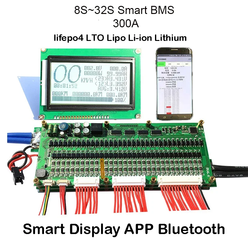 24v 36v 48V 60V eBike Li-ion Lipo Lifepo4 LTO Lithium Battery BMS BT balance pcm PCB with screen 100A 8S to 32S Ant 