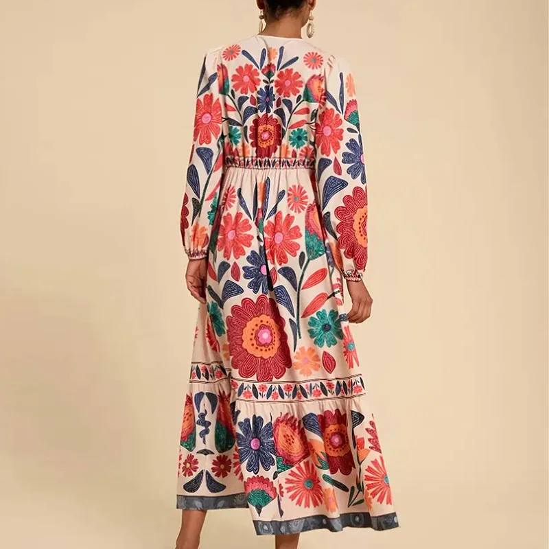 가을 O넥 레이스업 루즈핏 출퇴근룩 휴가 하이웨이스트 플리츠 로브 드레스 플라워 프린트 랜턴 슬리브 여성 원피스