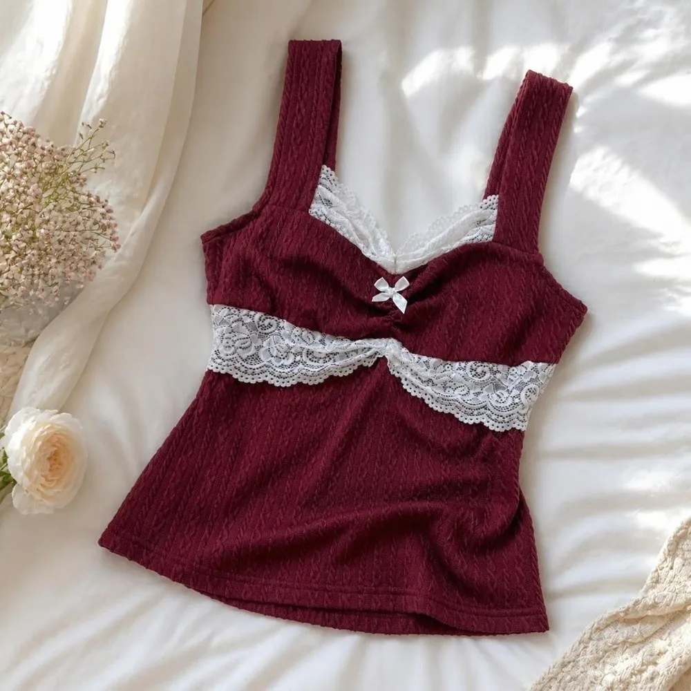 Tank Top Bow Decoration Camisole Slim Fit Sleeveless Lace Splicing Vest Patchwork Y2K Crop Top Summer