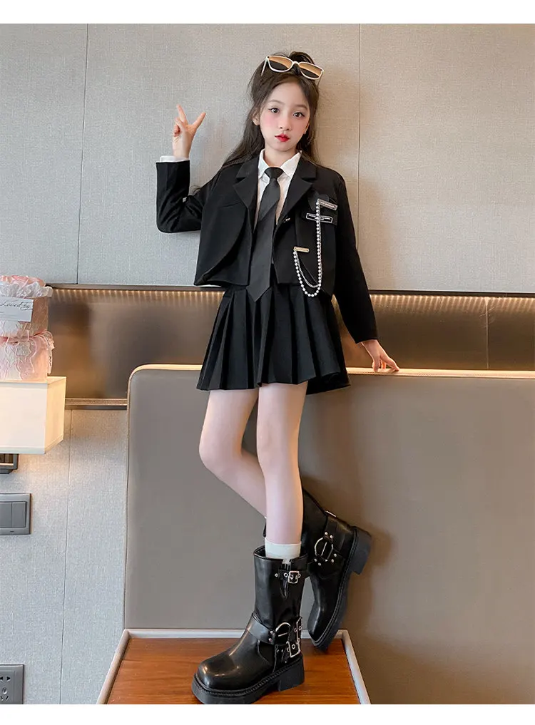 Schuluniform-Set für junge Mädchen im JK-Stil, einzigartige formelle Jacke mit Kette und plissiertem Rock, 2-teiliger Blazer-Anzug für Schulkinder. – Detail 9