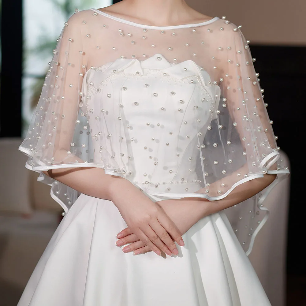 Elegant Scoop Collar Pearl Beaded Wedding Shawl Ribbon Edge Front Short Long Back Wrap for Wedding Accessories