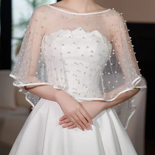 Imagen 2 del producto Elegante cuello redondo con cuentas de perlas, chal de boda, borde de cinta frontal corto, envoltura trasera larga para accesorios de boda