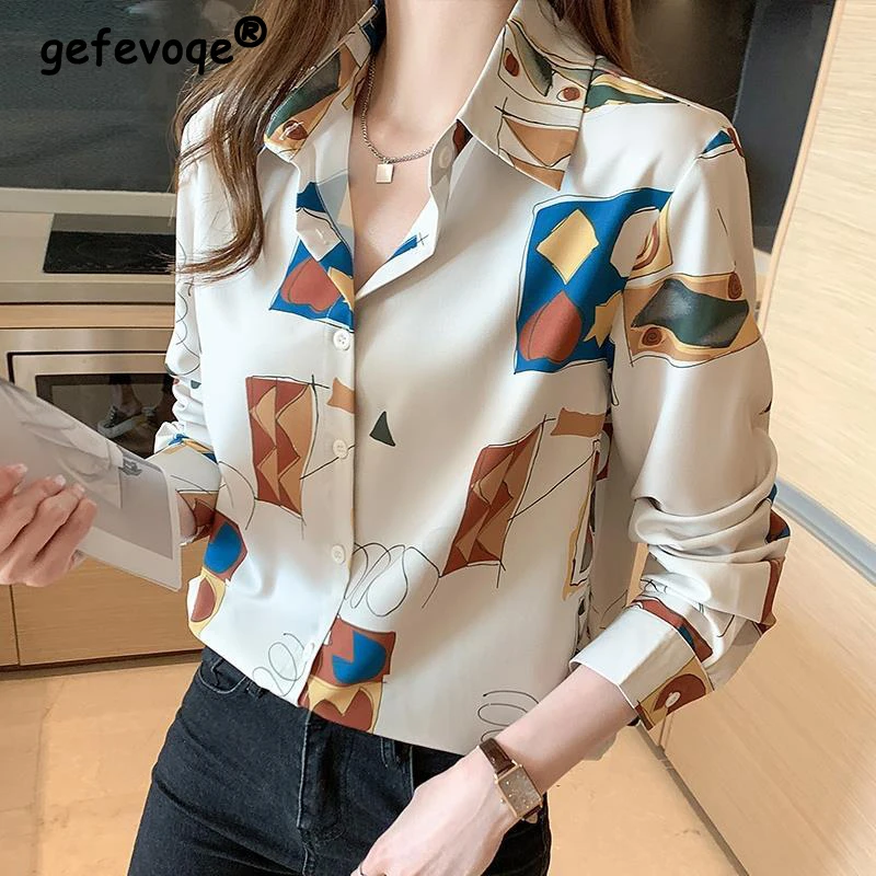 Vintage Elegant Chic Print Commute Ladies Tops Blouses Spring Autumn Fashion Casual Loose Long Sleeve Button Up Shirts for Women