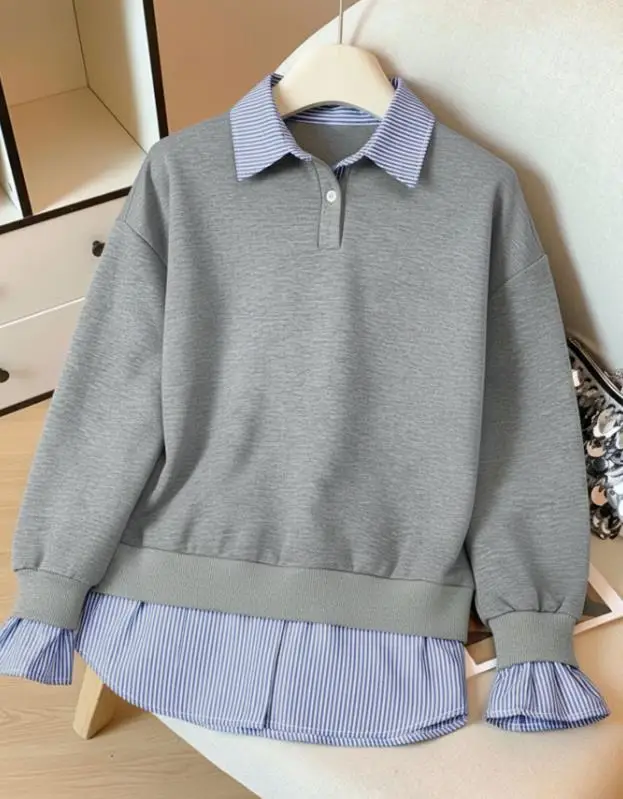 

Women's Sweatshirts 2026 New Spring Fashion Plaid Patchwork Long Sleeve Turn-Down Collar Fake Two-Piece Pullover Sweatshirts