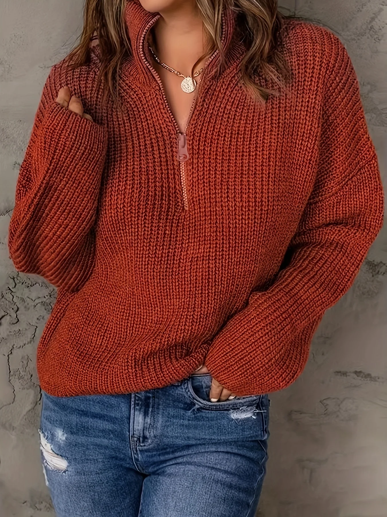 Vintage red sweater half-zipper lapel minimalist style solid color design all-in-one knitted sweater autumn and winter women\'s w