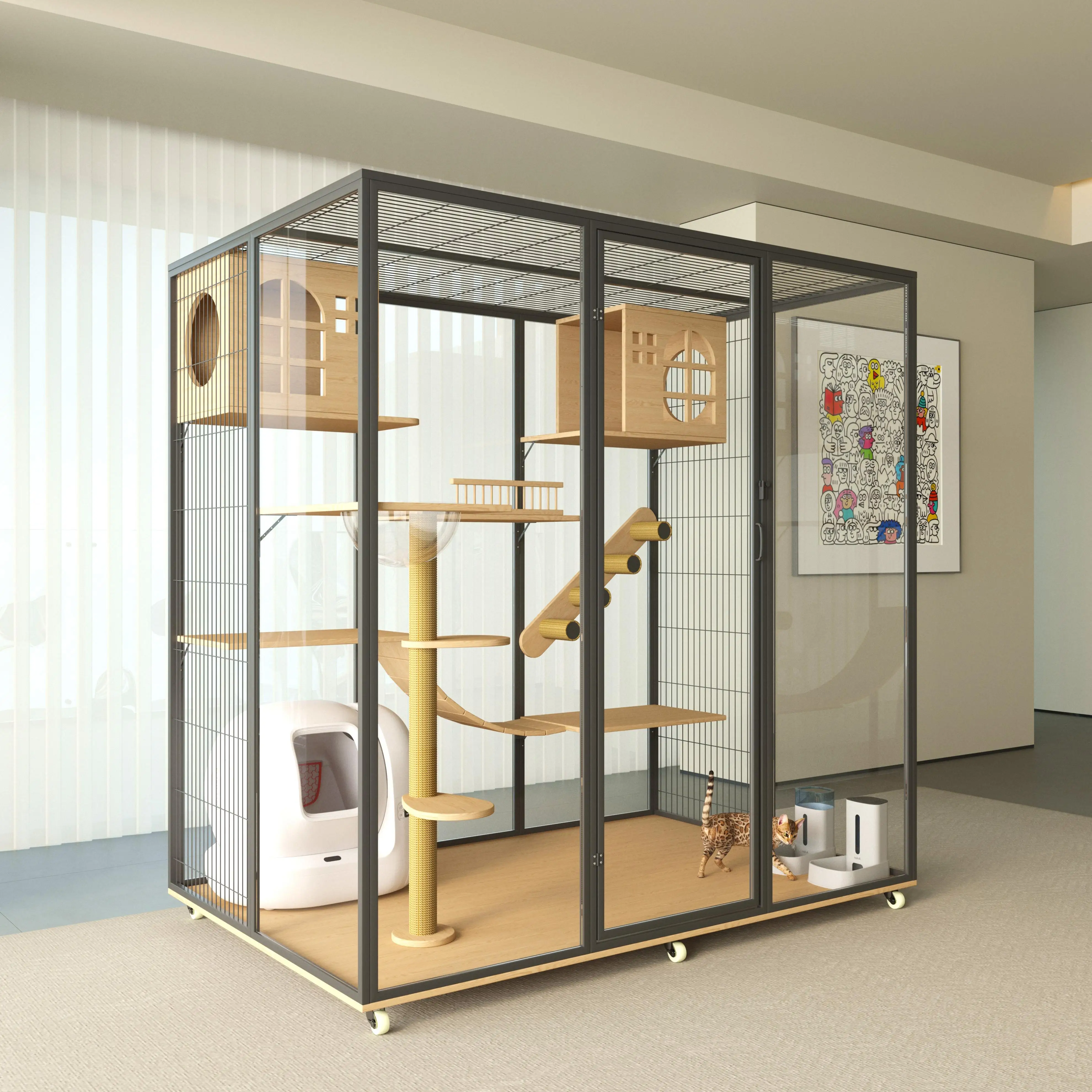 

Premium Eco-Friendly Luxury Cat Display Cabinet Tempered Glass Black Stainless Steel Frame Sustainable Wooden Board Pet House