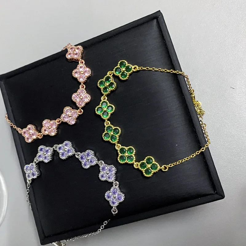 

MDLFES Moiss..nite style Summer Clover Bracelet Plated 18k Simple Cherry Blossom Pink Fashion Hand Jewelry