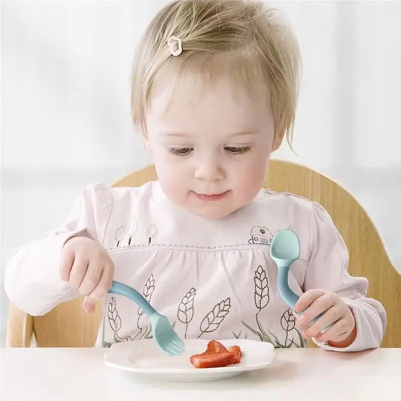 AS96-Silicone & PP Set Peralatan Makan Anak - Garpu dan Sendok Lentur Lembut Untuk Belajar Makan