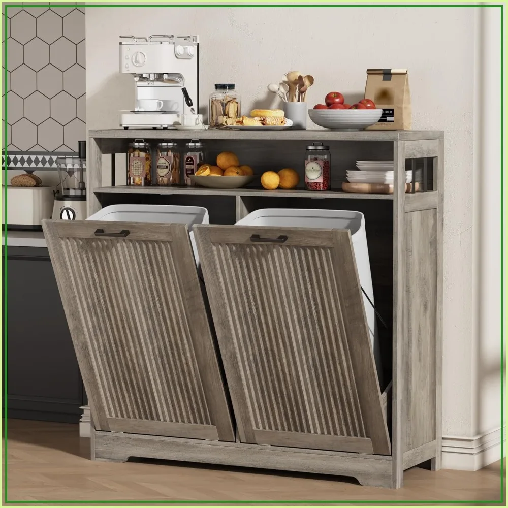 2x13 Gal Double Tilt Out Trash Cabinet, Gray, Fluted, Wood, Kitchen, Laundry, Storage Shelf