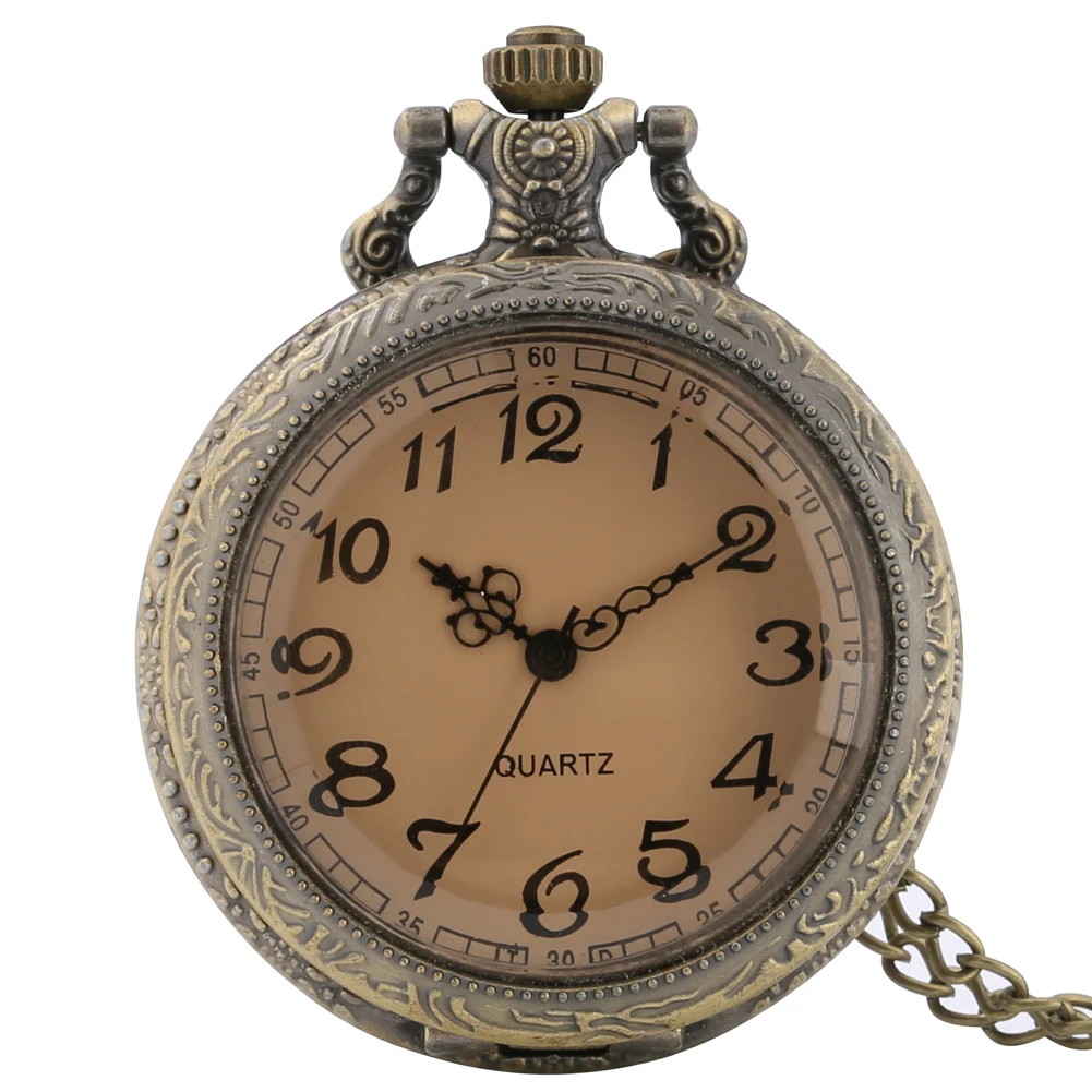 

Transparent Coffee Glass Arabic Numerals Dial Quartz Pocket Watch with Necklace Bronze Pendant Pocket Clock Retro Fashion Gift