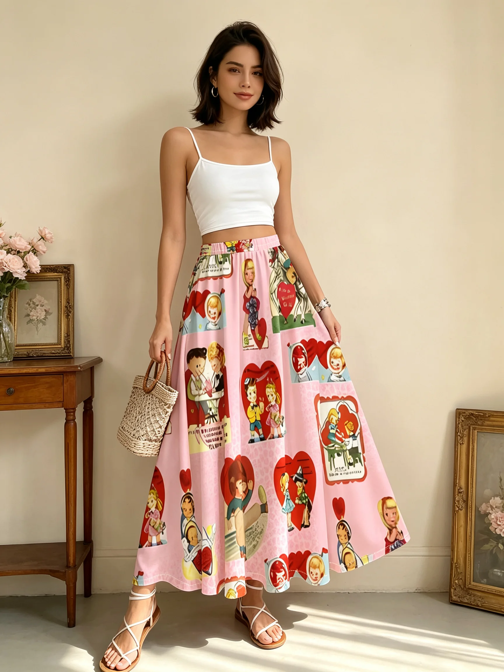 Women's Plus Size Skirt - Retro Valentine's Day Heart Pattern - Soft Fabric Vintage Illustrations - Perfect for Parties Wear
