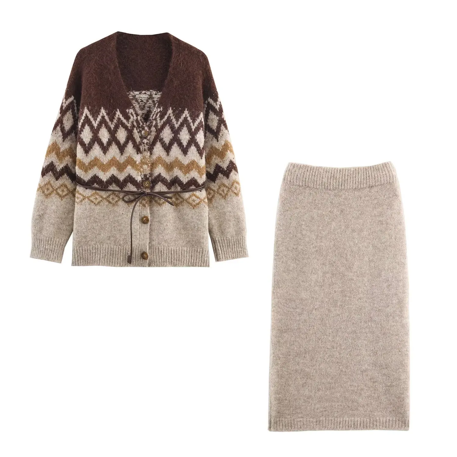 المرأة محبوك ميدي التنانير قطعتين مجموعات الجاكار حزام سترة متماسكة محبوك ميدي تنورة المرأة الدعاوى الخريف الشتاء امرأة الزي #4