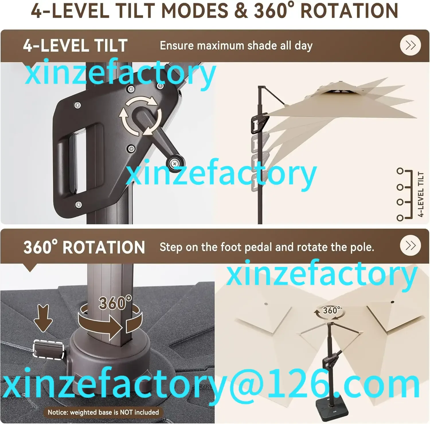 Anpassbarer freitragende Terrassenschirm für den Außenbereich mit LED, groß, robust, 360° °   Rotation