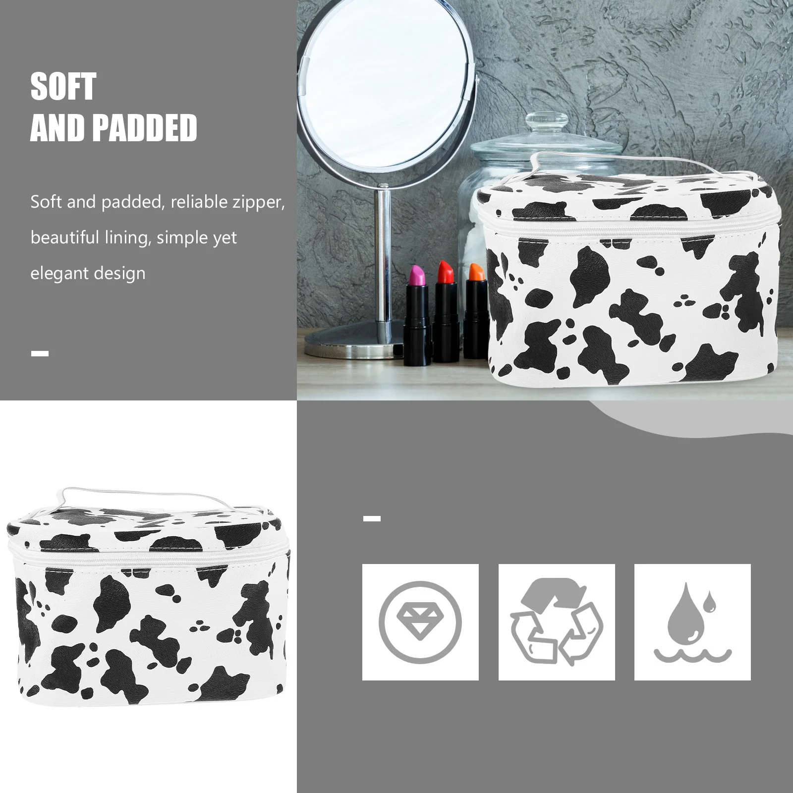 

Waterproof Handheld Makeup Bag Cow Themed Pouch Large Capacity Travel Toiletry Organizer Durable PU Polyester for Women