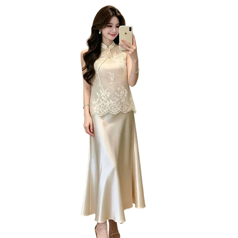 Heavy Industry New Chinese-style Daughter  Set Embroidered Mesh Yarn National Style Vest+ Temperament Fishtail Suspender Skirt