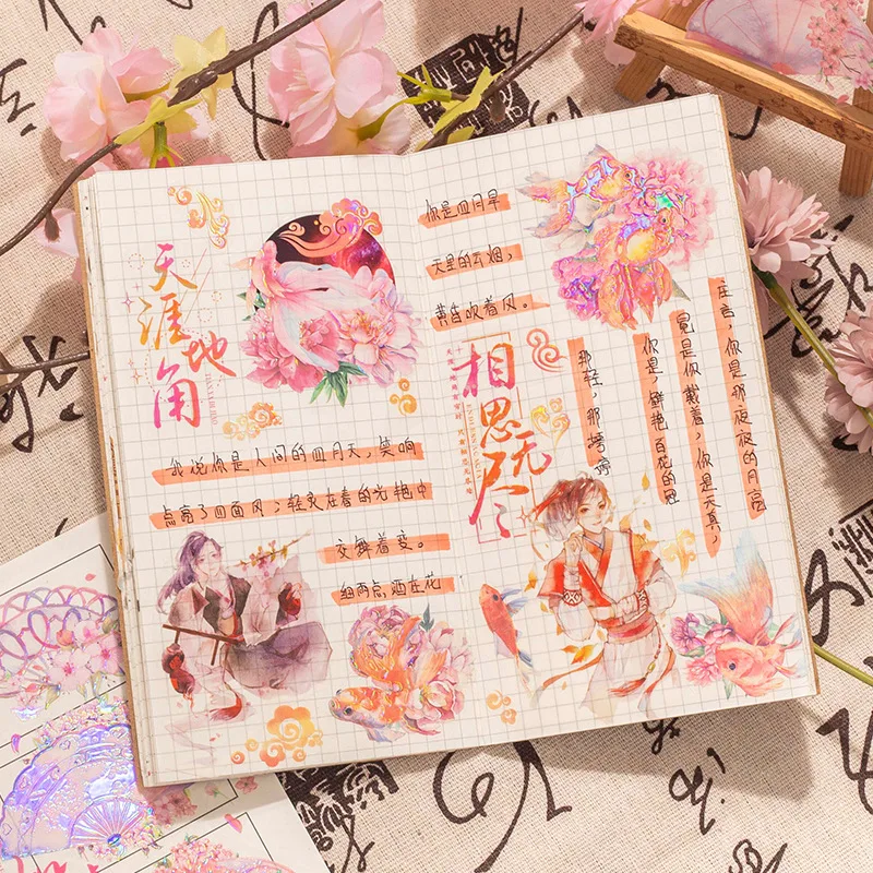 2 Sheets/pack Year Flowing Chinese Element PET Sticker 3D Crystal Rainbow Ink Laser Printing Decorative Sticker for Scrapbook