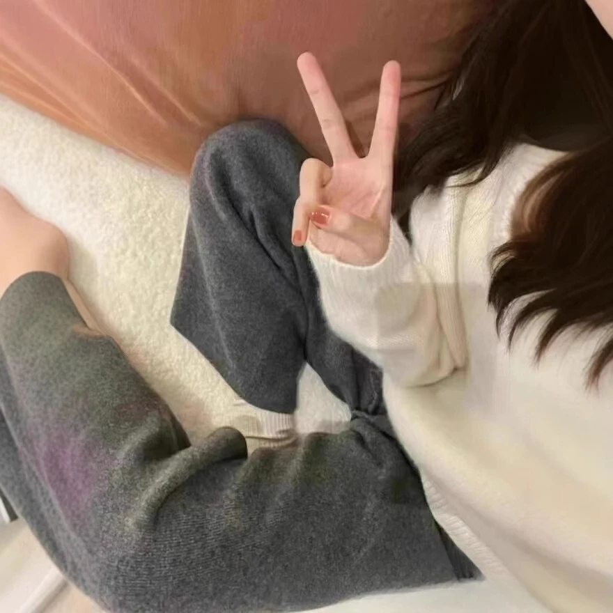 Spodnie z wełny australijskiej dla kobiet, szerokie nogawki, zwiewne spodnie z drapowaniem, bardzo długie spodnie z prostymi nogawkami, dzianinowe spodnie na jesień i zimę.