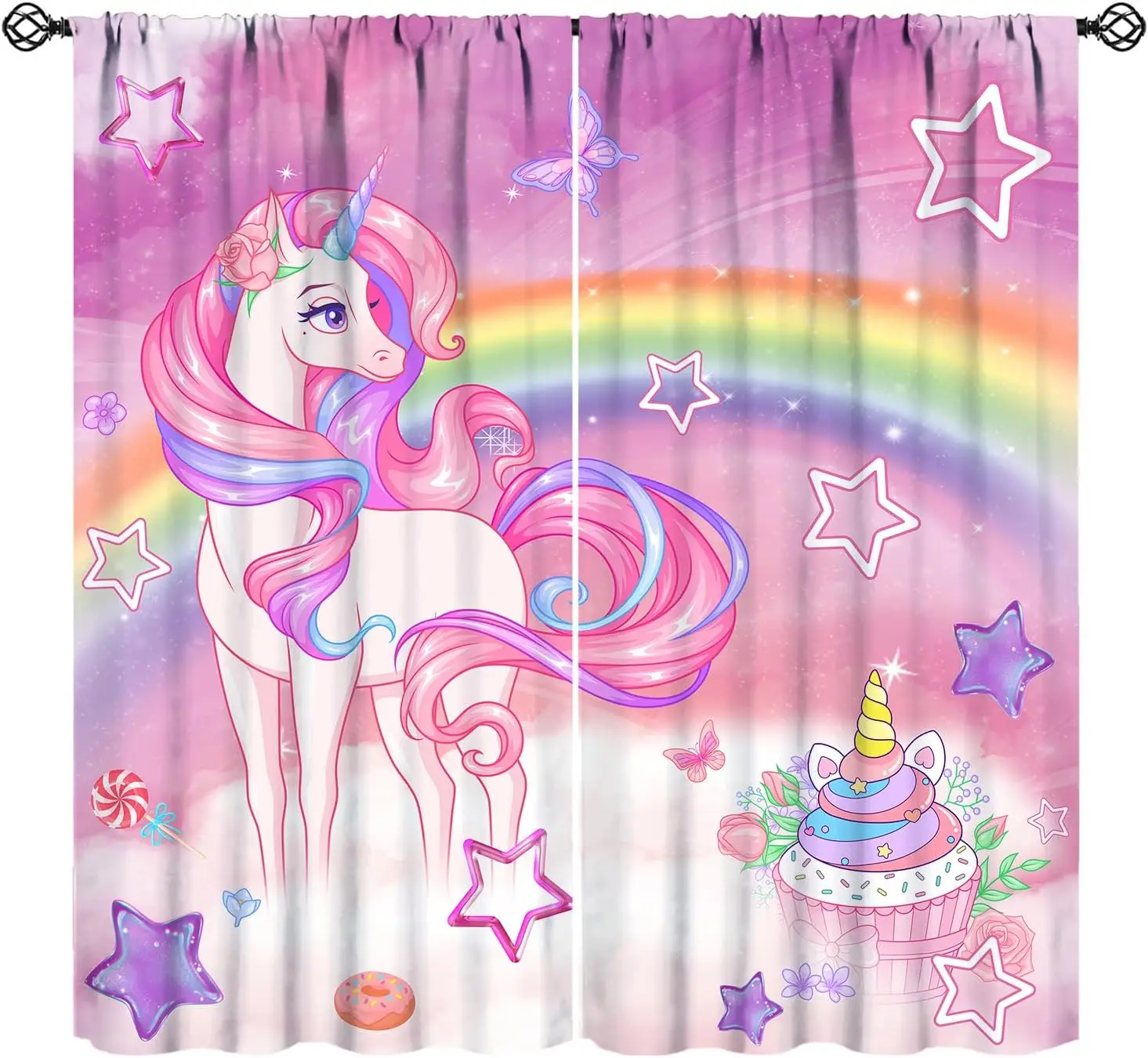 Rainbow Unicorn Curtains Girls Bedroom, Cartoon Sweets Cupcakes Stars Lollipops Butterfly Pink Unicorn Window Drapes for Kids