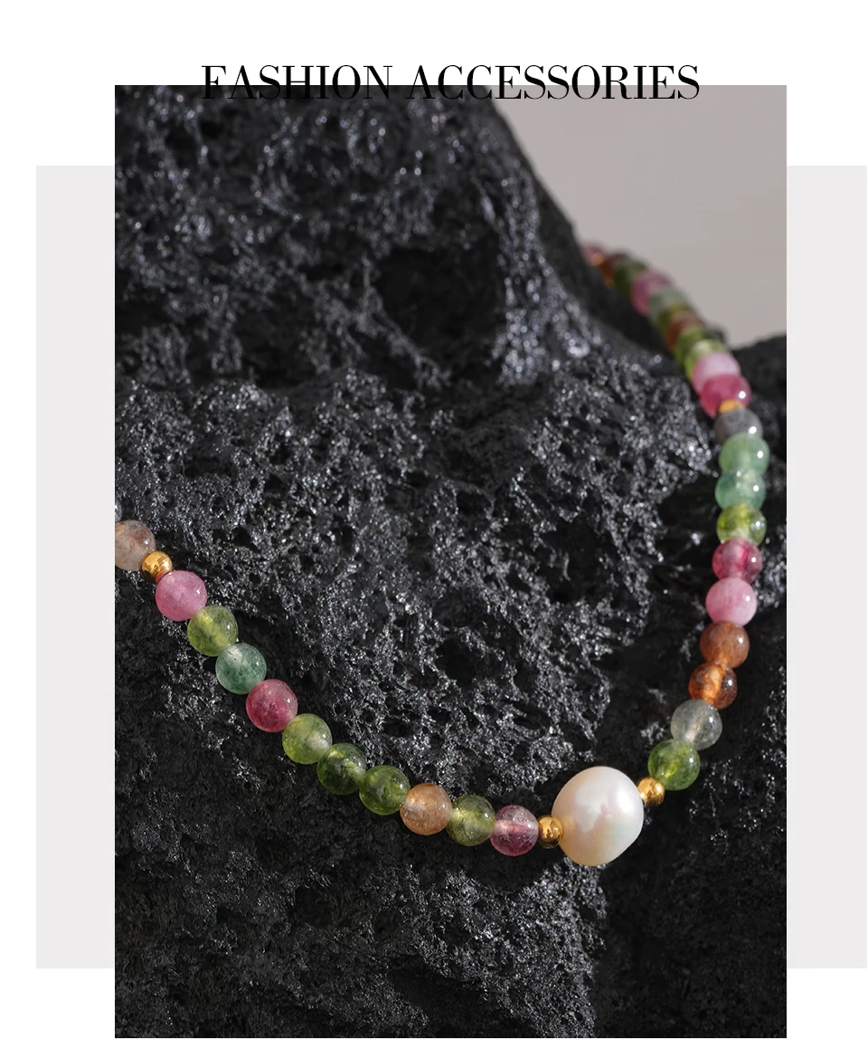 Yhpup Mehrfarbige natürliche Turmalin Stein Perle Halbedelstein Perlen Luxus Damen Halskette handgemachte Edelstahl Schmuck Geschenk – Detail 9