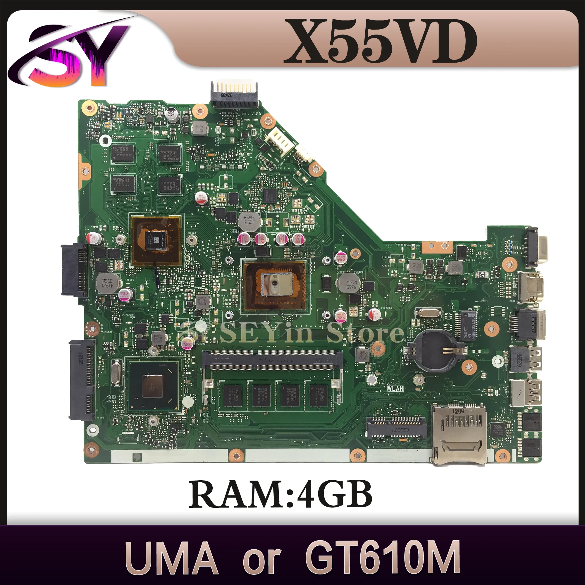 

Mainboard For ASUS X55VD F55VD X55C F55C Laptop Motherboard I3-2th Gen or Support i3 i5 UMA/GT610M MAIN BOARD 4GB-RAM