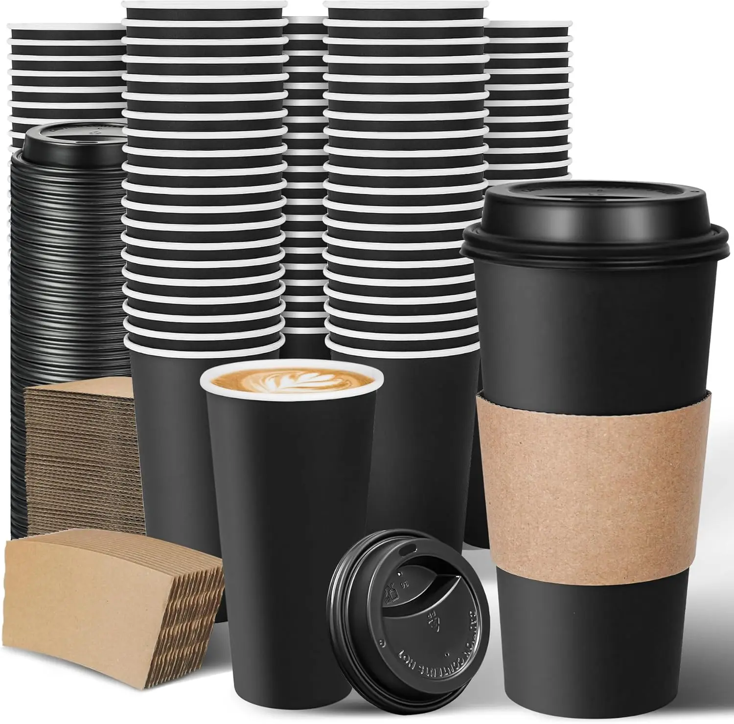 

100-Pack 20 oz Insulated Disposable Coffee Cups with Lids and Sleeves, Leak-Free for Hot Drinks