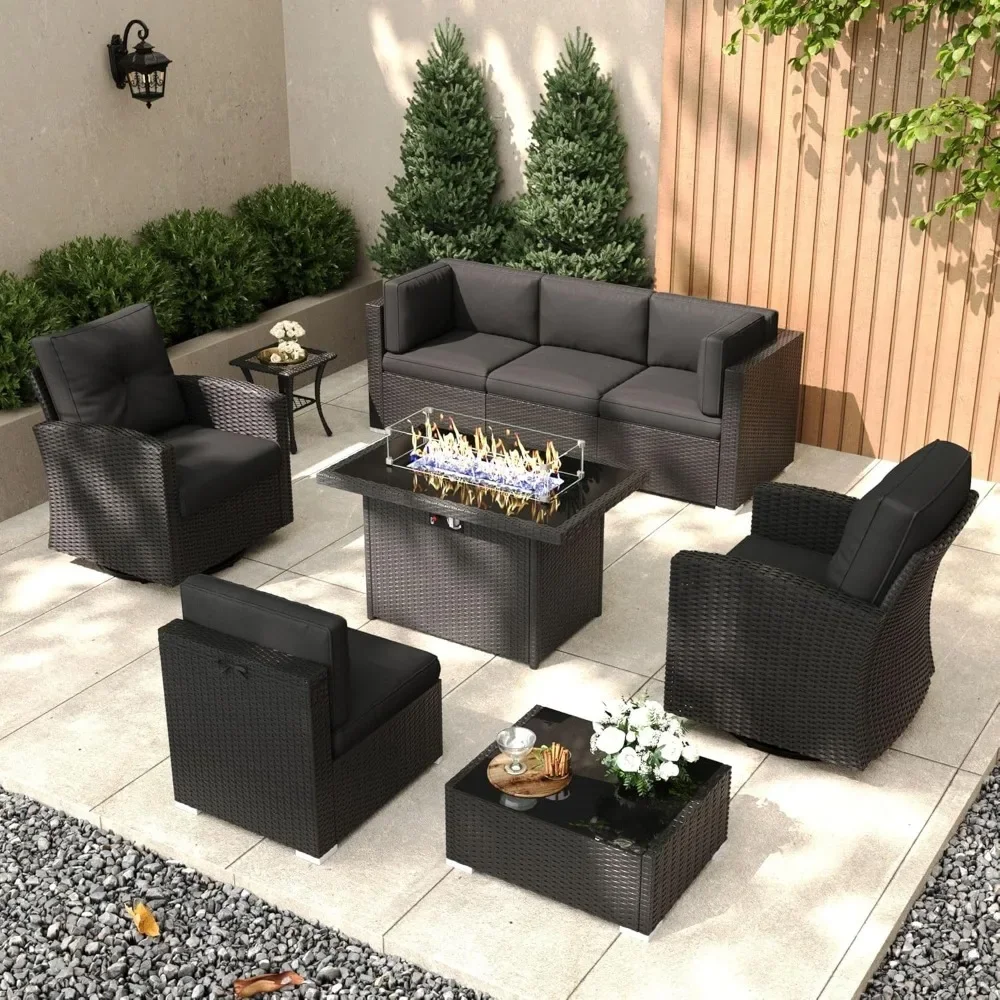 

Patio Furniture Set with Fire Pit Table, 9 Pieces All-Weather Wicker Conversation Sectional Chair Sofa Set with 2 Swivel Chairs