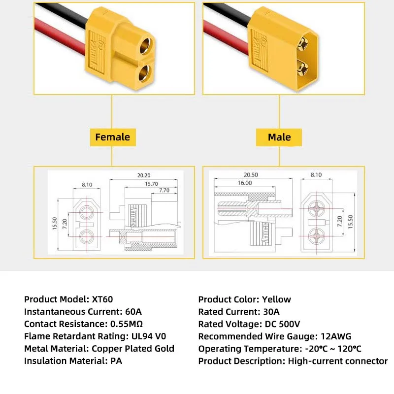 ​​1PCS XT60 Plug to Socket Photovoltaic Charging Cable, 12AWG Pure Copper,for Solar Panel and Outdoor Power Supply