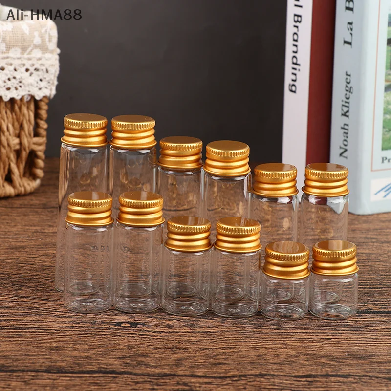 Ali-HMA88-10Pieces 5ml/7ml/10ml/14ml/18ml/20ml Glass Bottles With Aluminium Lids Small Mini Glass Jars 6 Sizes U-pick