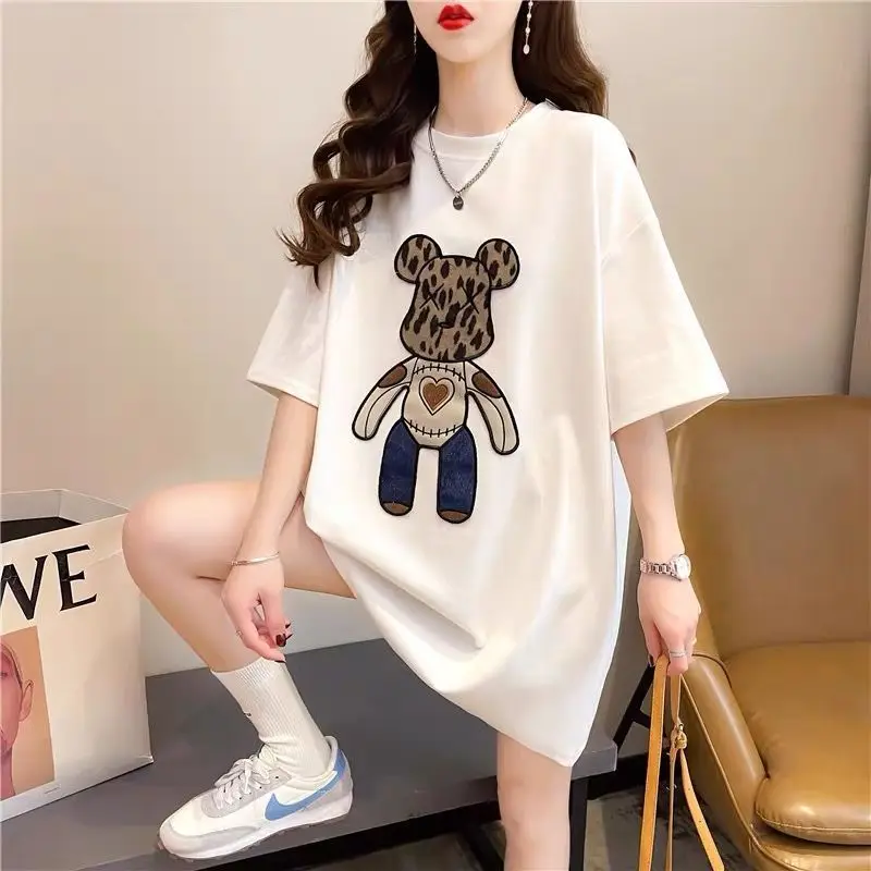 Mid Length Version Solid Color T-Shirts Ladies Casual Pullovers O-neck Summer Printing Women\'s Clothing Loose Short Sleeve 2024