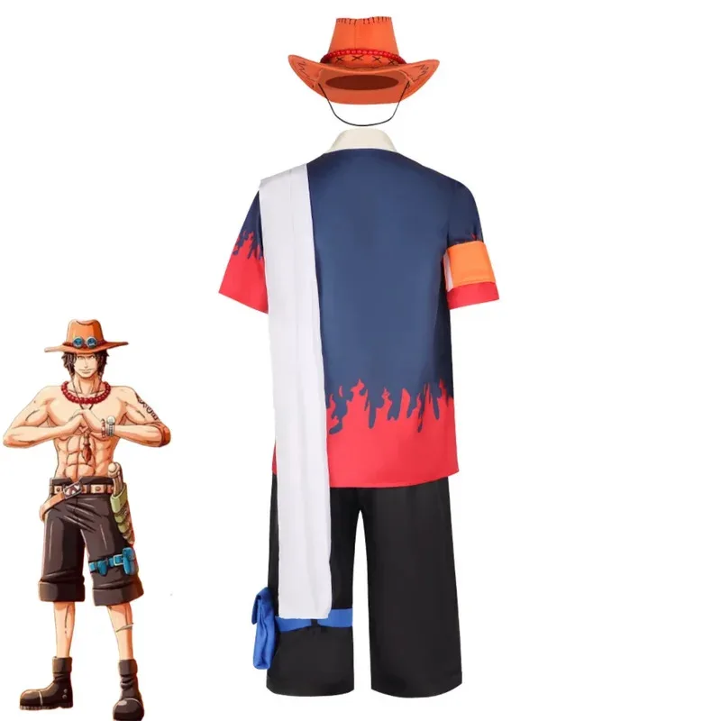 Аниме Portgas D Ace Косплей Костюм Огненный кулак Ace Fantasia Халат Рубашка с короткими рукавами Униформа Шорты Шляпа Мужской Карнавальный комплект на Хэллоуин