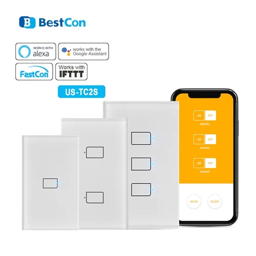 BroadLink Bestcon TC2S US Interruptor táctil de luz de pared inteligente funciona con Alexa, Google home, IFTTT