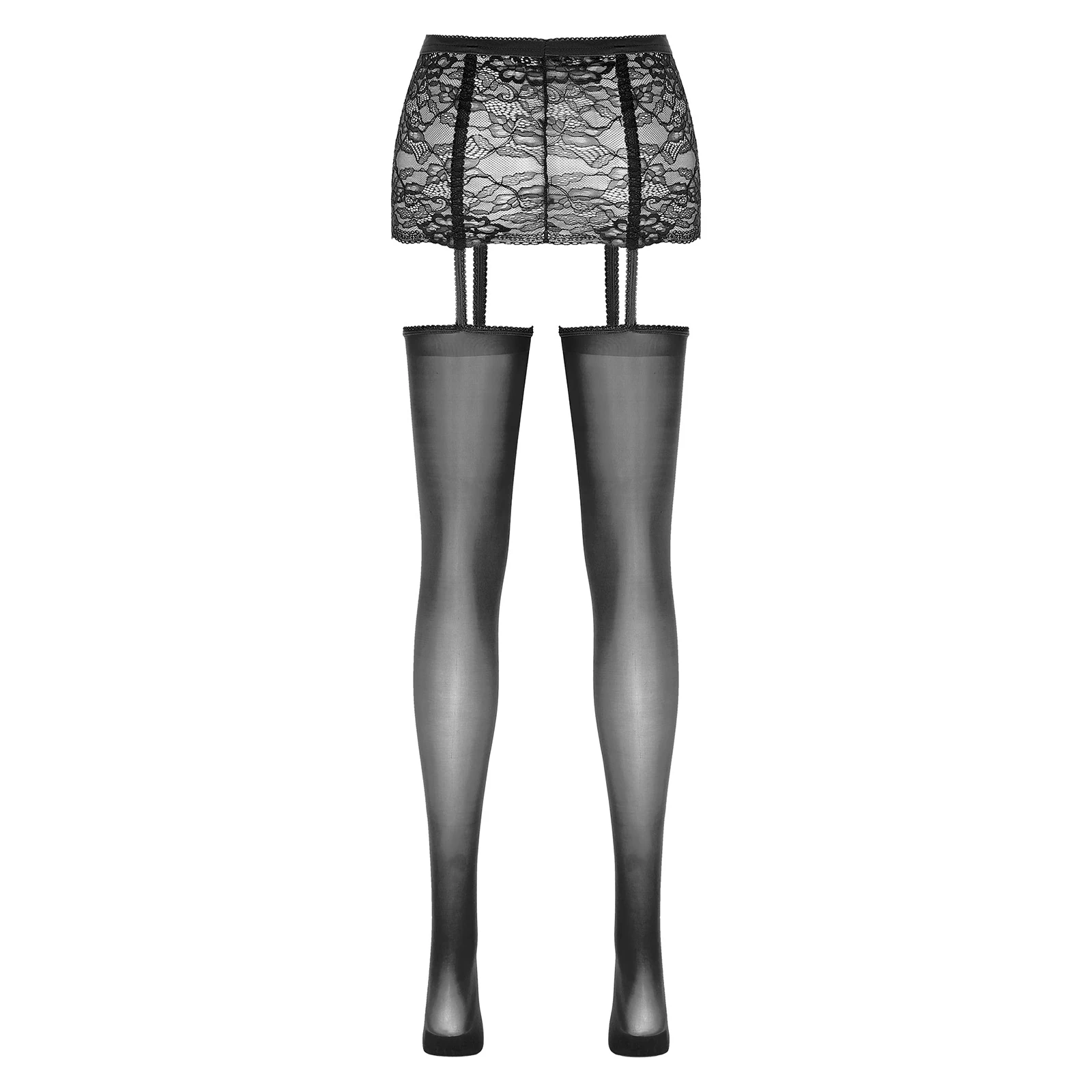 Womens Sexy Lace Mini Skirt with Garter Belt Thigh High Stockings See Through Pencil Skirt Tights Lingerie Underwear Nightwear