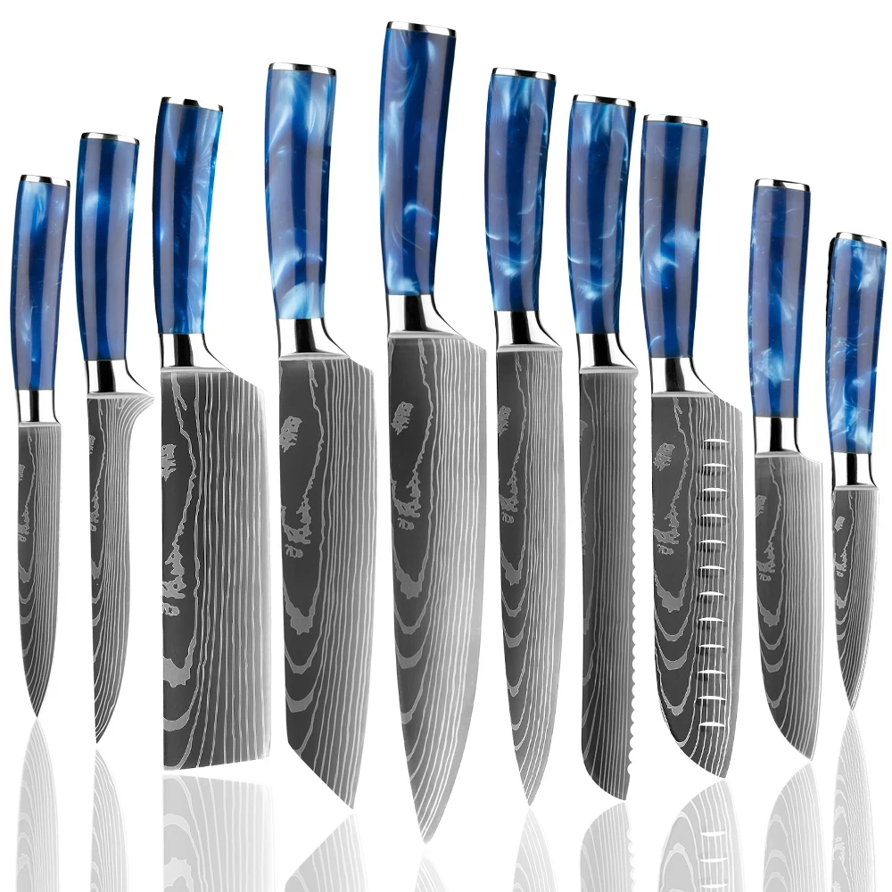 Professional Kitchen Knife Sets Blue Resin Handle Superior Sharp Damascus Steel pattern Chef Knife Santoku Nakiri Meat Cut Knife