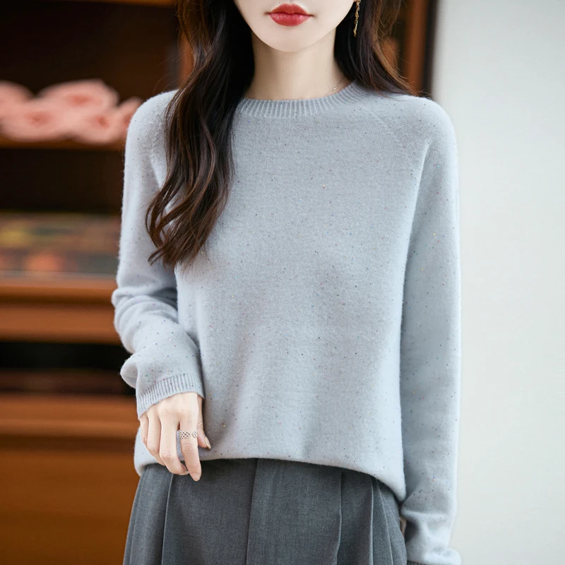 Sweter z okrągłym dekoltem, 100% wełna merino, sweter wkładany przez głowę, jesień, zima, miękki, damski, długi rękaw, dzianina, elegancki, modny, odzież, topy