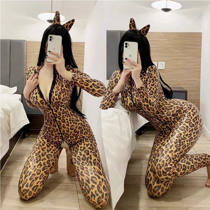 

Women Fashion Leopard Patent Leather Long Sleeve Double Zipper Open Crotch Bodysuit Faux Pu Leather Cat Girl Tights Club Costume