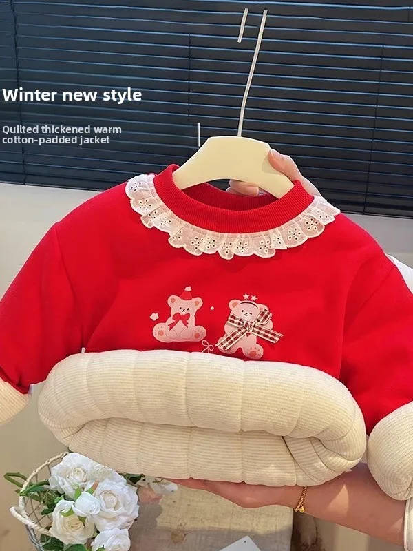 

Girls Cotton Jaet 2025 Winter New Tee-layer Cotton Thiened Warm Sweet Bear Lace Collar Cotton Coat Trendy Princ Sle