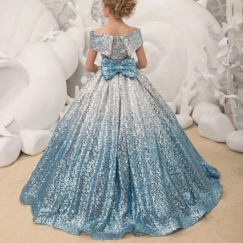 Formal Kids Evening Dresses for Girls Birthday Party Elegant Sequins Dress Up Fluffy Long Luxury 2023 Pageant Prom Ball Gown Bow