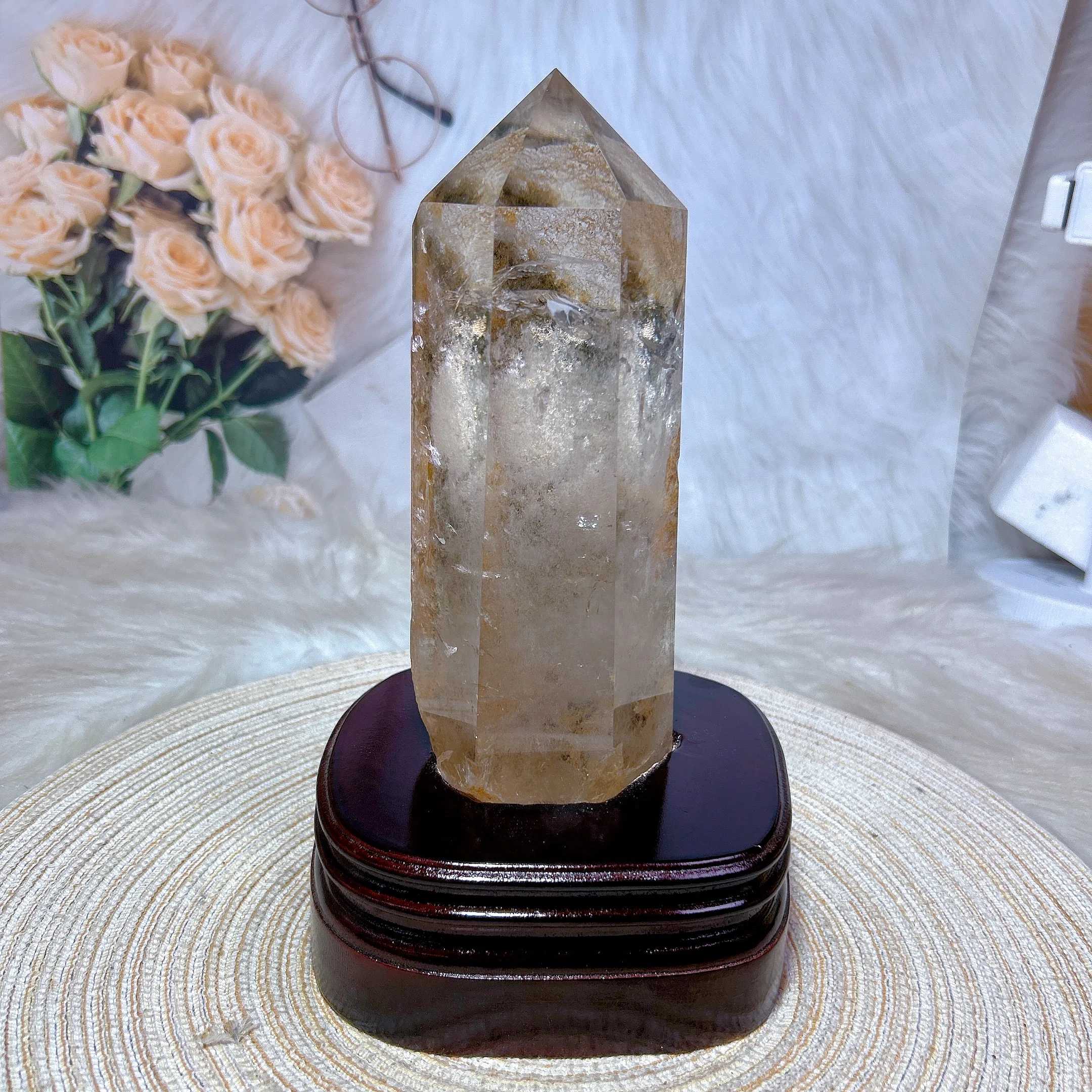 

Clear Quartz Garden Rainbow Point Tower Raw Natural Crystals Stone Give Wood Base Healing Energy Ornament Room Decor Gift