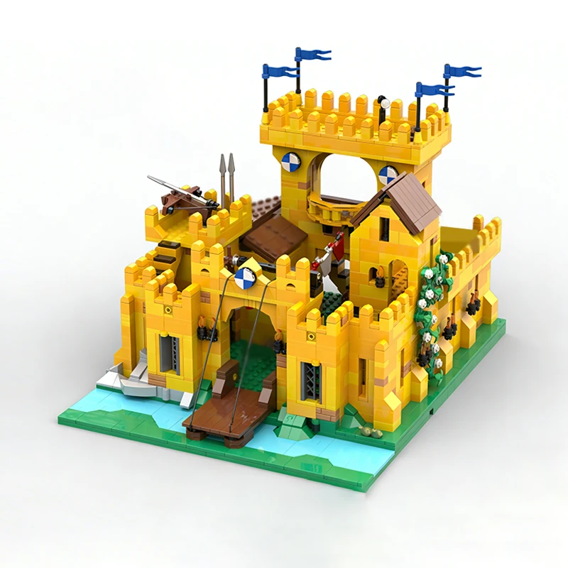 Medieval Castle Model MOC Building Bricks Yellow Castle Courtyard Modular Technology Children Holiday Gifts Assemble Toys Suit
